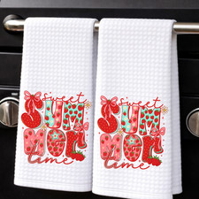Strawberry Dish Towel Set 16x24 Fruit Kitchen Towel Summer Decor Waffle Weave