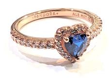 Pandora ROSE Ring, Elevated Heart, Blue Crystal, #188421C01, Rose Gold Plated