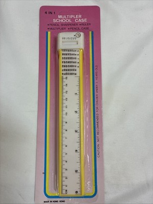 Vintage NOS Yellow Multiplier School  Pencil Sharpener Ruler Case Made Hong Kong