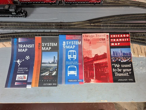 BN LOT OF (5) CTA CHICAGO TRANSIT AUTHORITY SYSTEM MAPS FROM 1993-1995