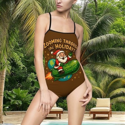 Zooming Through the Holidays Santa Riding A Pickle Rocket Women's Swimsuit