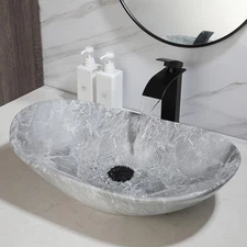 Gray Marble Bathroom Vessel Sink Oval 23"x14" Ceramic Basin Bowl + Black Faucet