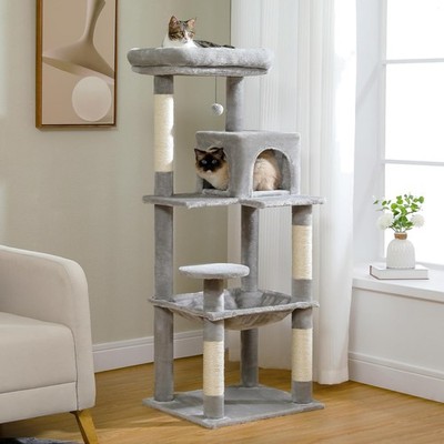 Kratzbaum für große Katzen 143 cm Grau mit Hängematte und Katzenhaus
