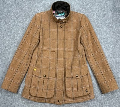 JOULES Field Coat Women UK 10 Brown Tweed Wool Country Plaid Tartan Check