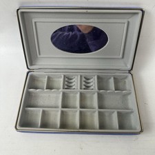 Vintage Jewelry Box Case Velvet Blue Gray Inside With Mirror