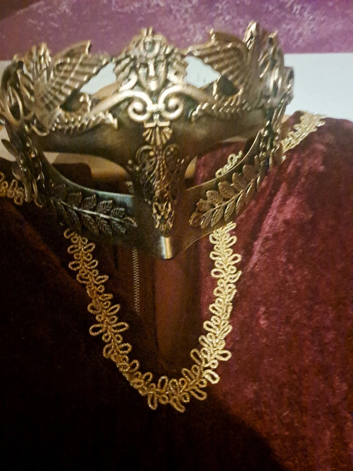 女式服装 Maxi Maroon 撕裂天鹅绒连衣裙 L 码带金色面具   — 第 4/4 张图片