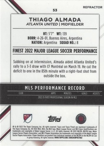 Tarjetas comunes base de fútbol Topps Finest Major League 2022 (51-60) refractor MLS - Imagen 2 de 20