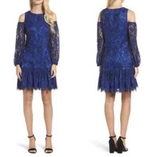 ELIZA J Blue Black Floral Corded Lace Cold Shoulder Ruffle Cocktail Dress 8 = M