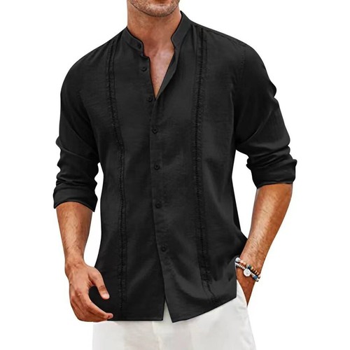New Men's Long Sleeve Linen Shirt Casual Beach Shirts Guayabera Cuban Tops - Picture 6 of 23