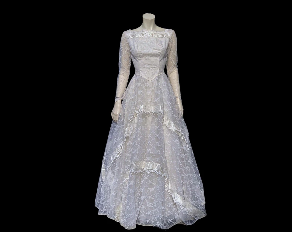 Винтажный 50-х 60-х тюль и кружева квадратный лодка шеи длинным рукавом свадебное платье / XS - Изображение 2 из 4