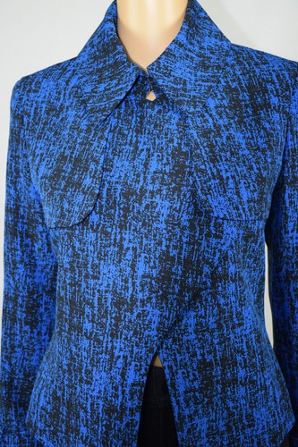 Anne Klein Blue Black Notched Collar Printed Jacquard Short Trench Jacket 4 - Picture 4 of 7