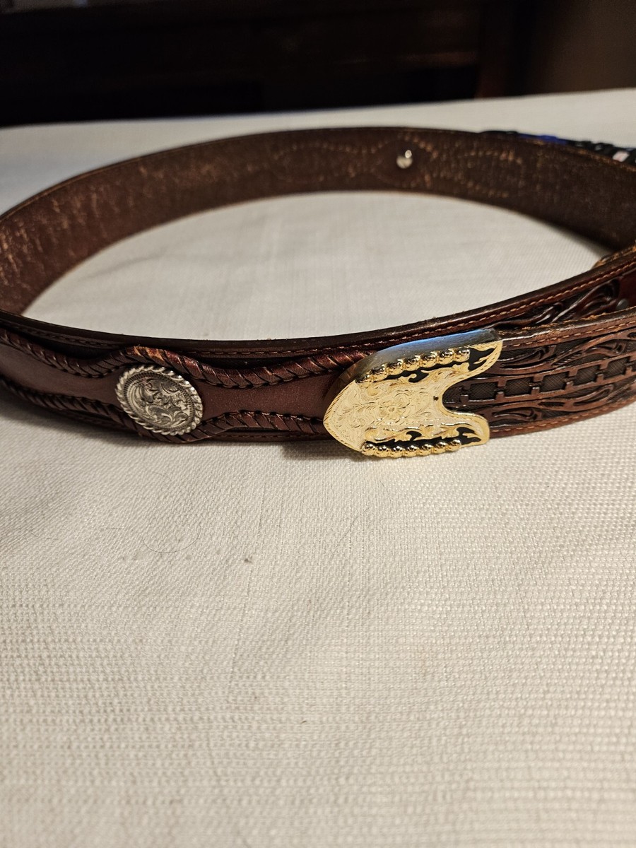 Brown Leather Hand Tooled Silver Concho Western Belt Size 34 