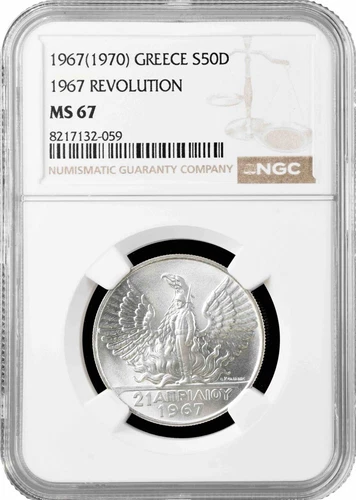 Greece 50 drachmai 1967, NGC MS67, "The coup d'état of 21 April" silver coin