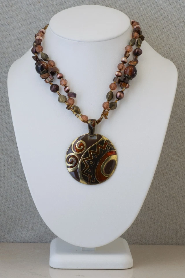 Ann Taylor коричневая эмаль золото осень племенной латуни подвеска Funky заявление бисером - Изображение 2 из 4