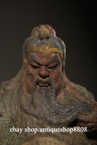 10" China Buddhism Wood Carved Guan Gong Yu Yunchang Warrior God Immortal Statue - Picture 3 of 9