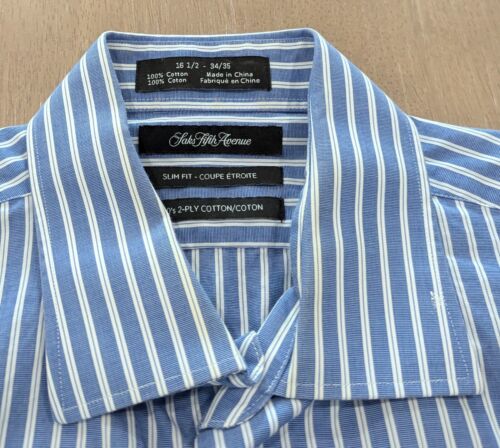 Mens Saks Fifth Avenue 2 Ply Cotton Striped Dress Blue 16.5 34/35 - Picture 3 of 3