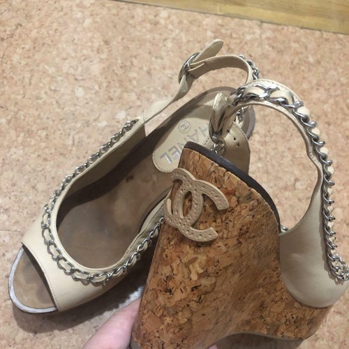 Auth CHANEL Chain Slingback Cork Wedge 