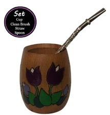 Wooden Algarrobo Mate Cup + Straw + Gift  -Handmade  Flower -Yerba Mate Tea