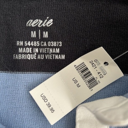 AERIE Cropped Polo Shirt Medium Oversized Blue Gray Rugby Stripe Sporty 90s - Picture 2 of 9