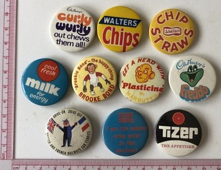10 Vintage Advertising Pin Badges Lot Food Drink Brands Original
