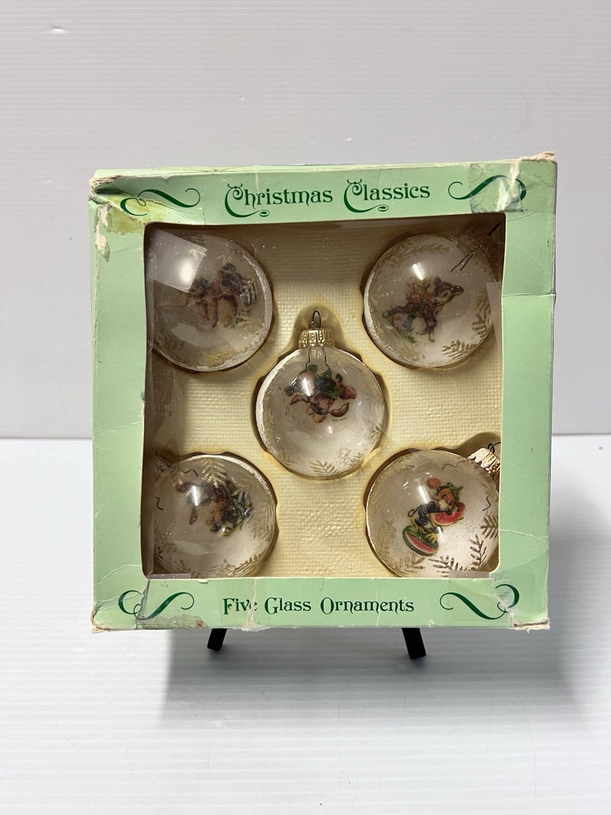 5 Vintage mundgeblasene Glas Ornamente Glimmer Schablone Szene innen mit Originalkarton