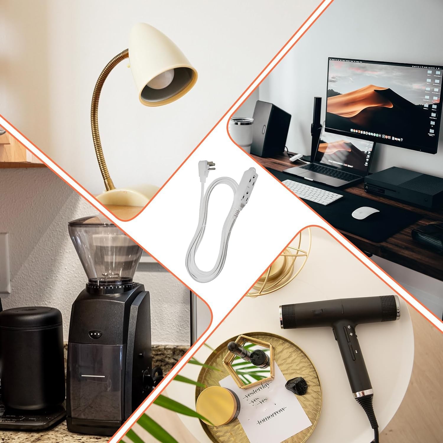 2-Pack 10ft Extension Cord with 3-Outlets 16AWG 3-Wire Grounded Flat Plug