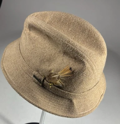 VTG Stetson Felt Alpine Tyrolean Hat Tan USA Made Feather Size 7 1/4 7 3/8 - Image 1 of 4