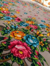 Vintage Pure Wool Floral Scarf - Hand Printed - 75cm x 80cm