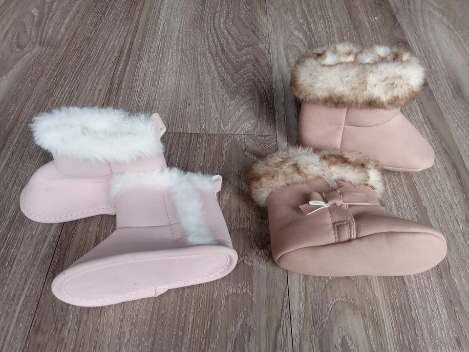 Ботинки для девочек 2 пары размер 3-6 месяцев блестящие банты искусственный мех - Изображение 2 из 4
