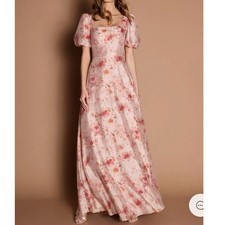 Azazie Atelier Marielle Apricot Multi Floral Puff Sleeve Maxi Dress US 6 Elegant