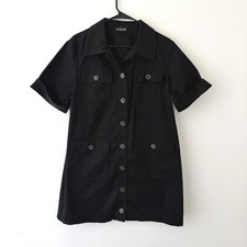 J Crew Black Utility Shirt Dress Womens M Short Sleeve Button Front Stretch