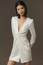 BHLDN Maya Long-Sleeve Twist Satin Mini Dress in White Size S