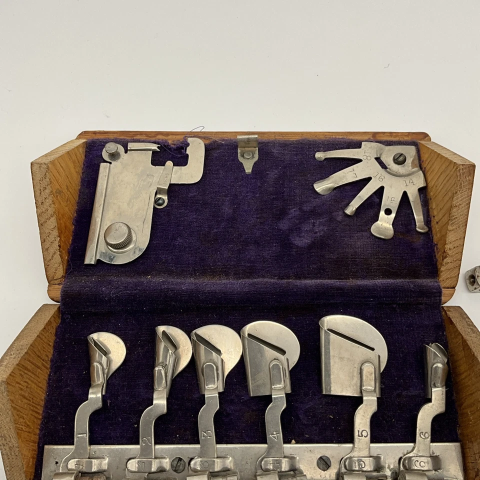 Antique Singer Sewing 1889 Oak Puzzle Box with Attachments Purple Velvet - Image 2 of 4