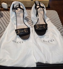 Gucci Women's Pump Horsebit Marmont Sandals Heels Shoes Black Leather 37