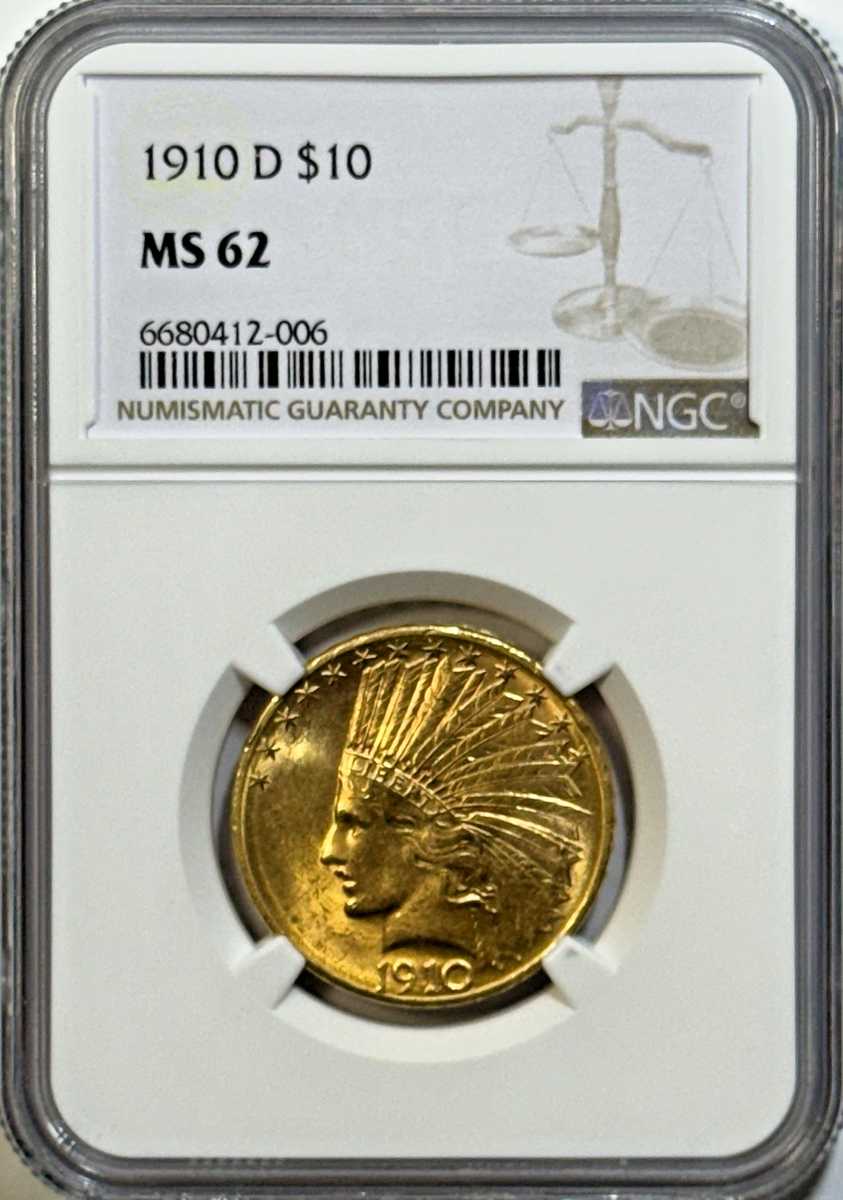 1910-D $10 Indian Head Gold Eagle NGC MS62 🔥 Mint State Gold