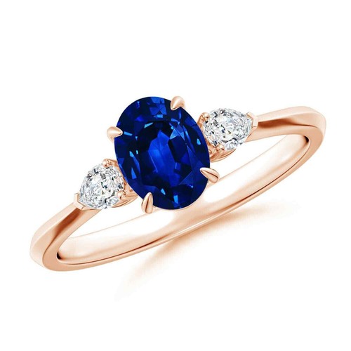 925 Sterling Silver Oval Blue Sapphire Stone Prong Wife Three-stone Ring