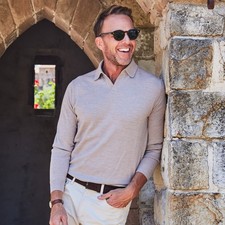 Collars  Co Polo Sweater Mens Large Oatmeal Merino Wool Bellagio Buttonless NWT