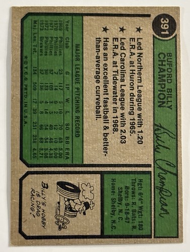 1974 Topps - #391 Bill Champion - Picture 2 of 2