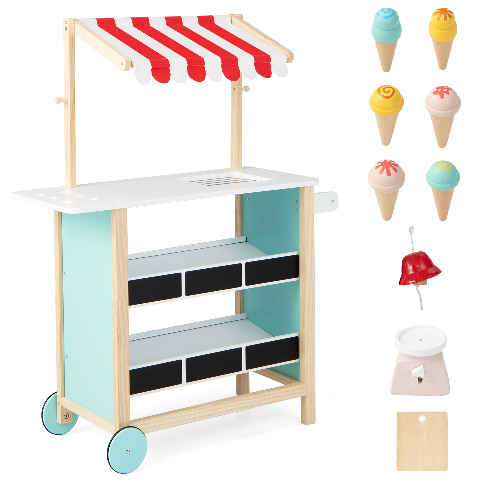 Kids Wooden Ice Cream Cart Children Pretend Play Shop Farmers Market Stand Set