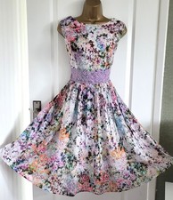 MONSOON FLORIANA Dress 16 Lilac Multi Floral Print Cotton Fit & Flare Lace Trim