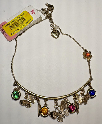 NWT BJ Betsey Johnson Tropfen Schmetterling Strass Charms Halsband Kette Gold