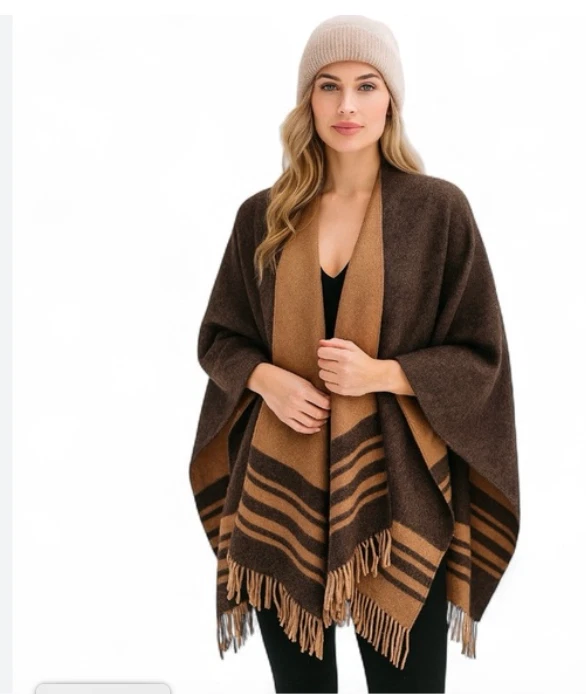 New Nordstrom Wool Cashmere Poncho OS Ruana Wrap Stripe Fringe Cape Shawl