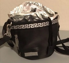 Versace Parfums Crossbody Drawstring Bucket Bag Black w/Silver Greco Design NWOT