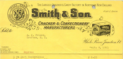 1921 SMITH SON  CRACKER AND CONFECTIONERY MFR  WHITE RIVER JUNCTION VT  Z18