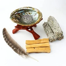 White Sage Smudge Kit - Palo Santo Sticks, Feather, Abalone & Stand Smudging Set