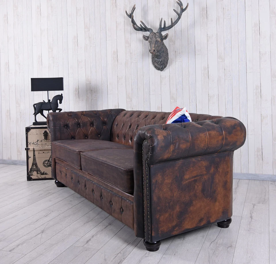 Englisches Sofa Chesterfield Dreisitzer Wohnlandschaft Couch Retro Kunstleder - Bild 4 von 4