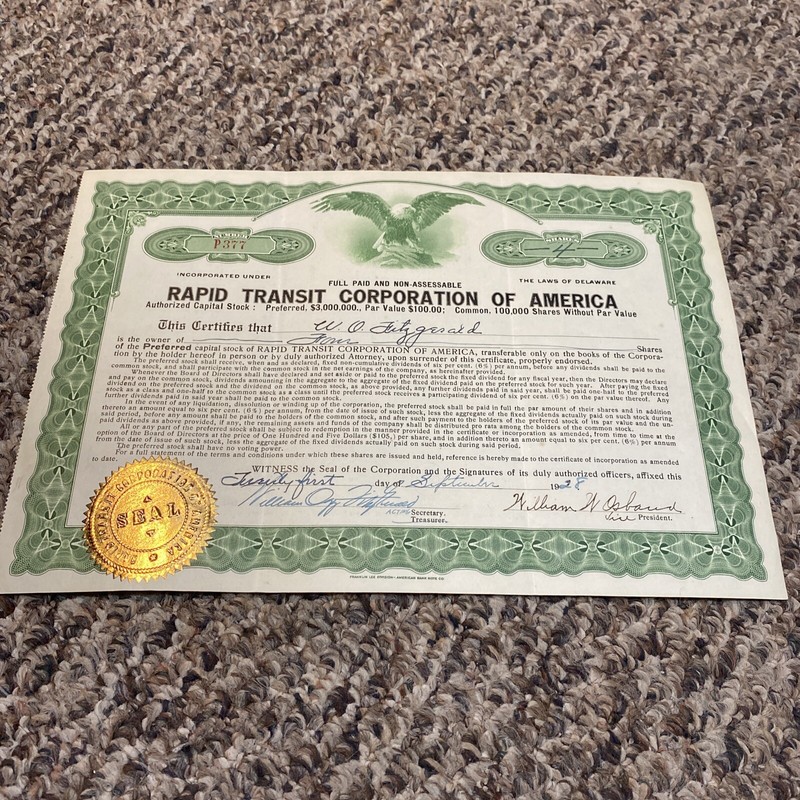 1928  Rapid Transit Corporation  Stock Certificate Shares