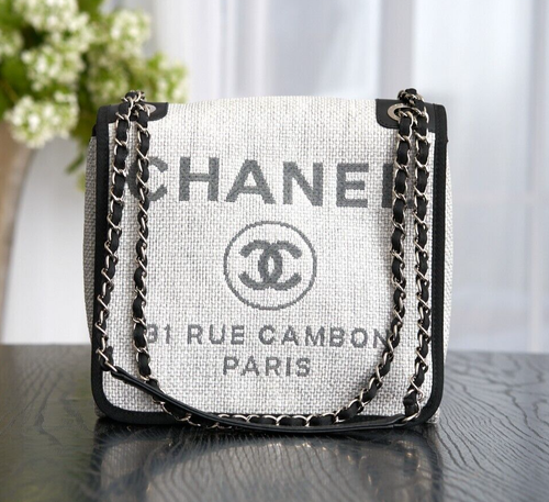 Vérifié Authentique CHANEL Gris Raffia Petit Deauville Sacoche - Photo 1/23