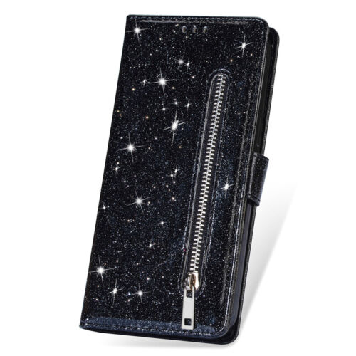 For Xiaomi Redmi Note 11s 10s 9s 8 Pro Glitter Wallet Case Card Zip Flip Cover - Picture 7 of 18