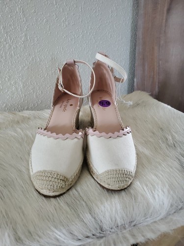 Kate Spade Cream Canvas Espadrille Wedge Scalloped Leather Trim Braided Heel 6.5 - Picture 2 of 7